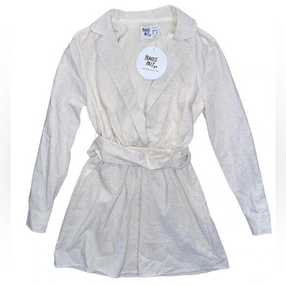 Princess Polly Turin Long Sleeve Belted Mini Dress Beige Size 2 Preppy Office - Picture 1 of 10